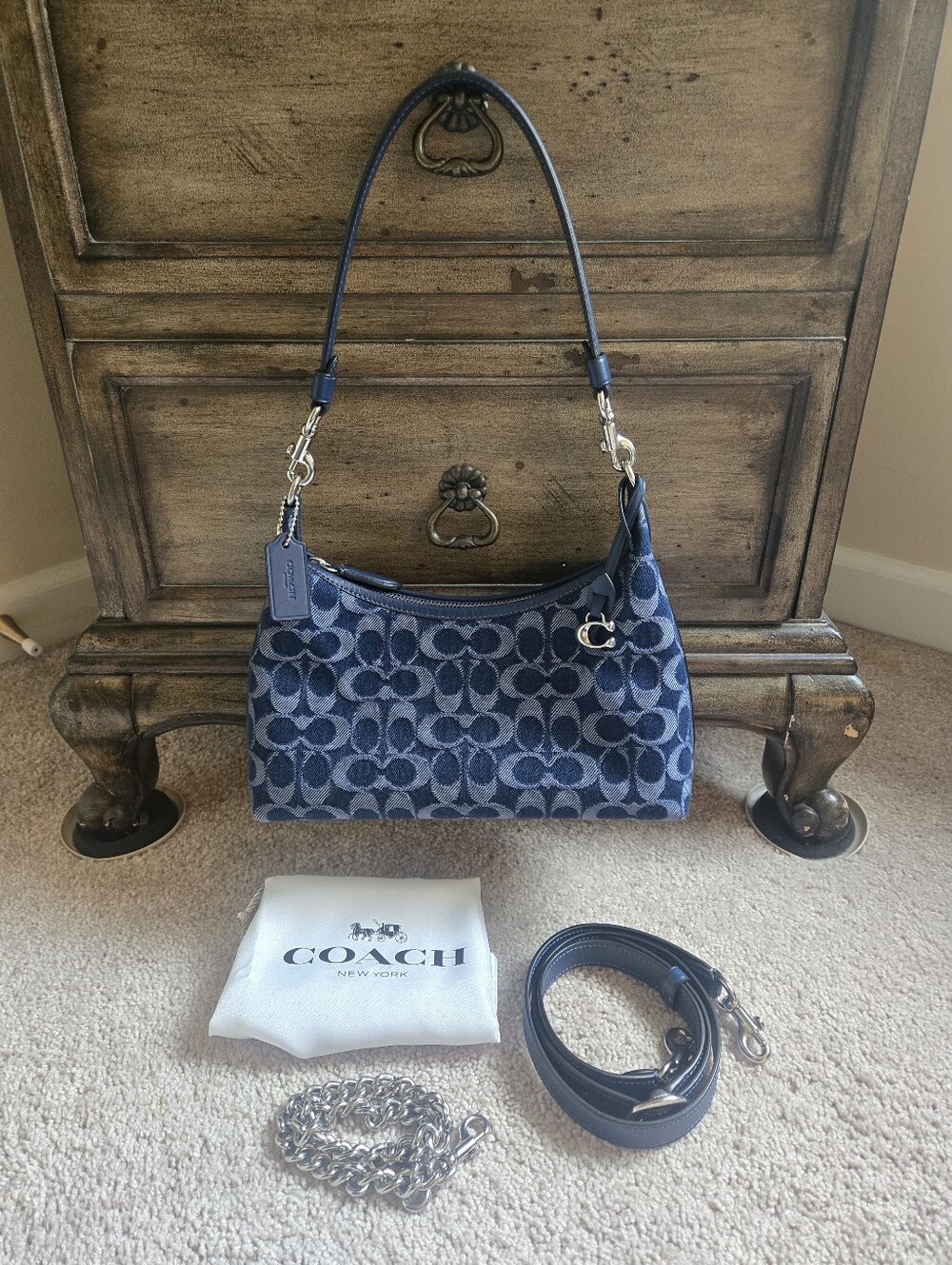 COACH Juliet Signature Denim Blue Shoulder/Crossbody Bag with Chain